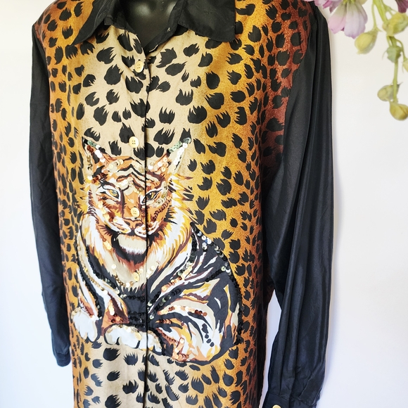 Diane Gilman Black and Brown Leopard Button Down Shirt - Picture 2 of 14